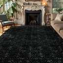 Vintage Black Rug for Living Room 9x12, Ultra-Thin Washable Large Area Rugs for Dining Room Non Slip, Stain Resistant Bedroom Rug for Home High Traffic Area (9'x12', Black)