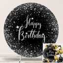 7.2ft Happy Birthday Round Backdrop Cover Black and Silver Birthday Circle Photography Background Glittering Stars Diamonds for Women Man Boys Girls Baby Birthday Party Decoration Photo Props