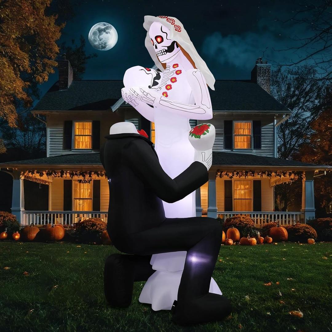Halloween Inflatables Giant 8Ft Tall Skeleton Couple Day of The Dead Outdoor Decorations, Spooky Blow Up Skull Lovers Yard Decor Built-in 10 LED Lights for Outside Party Lawn Garden