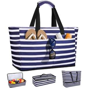 ISEYOU Beach Bag with Cooler, 49L Large Waterproof Sandproof Tote with Zipper, Foldable Travel Bag for Beach, Pool, Picnic