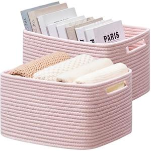 UBBCARE 2 Pack Storage Basket for Shelves, Woven Baskets for Organizing, Durable Organizer Baskets Storage Bins for Bookshelf, Toys, Towels, Clothes, 16''x10"'x7.5''H, Pink