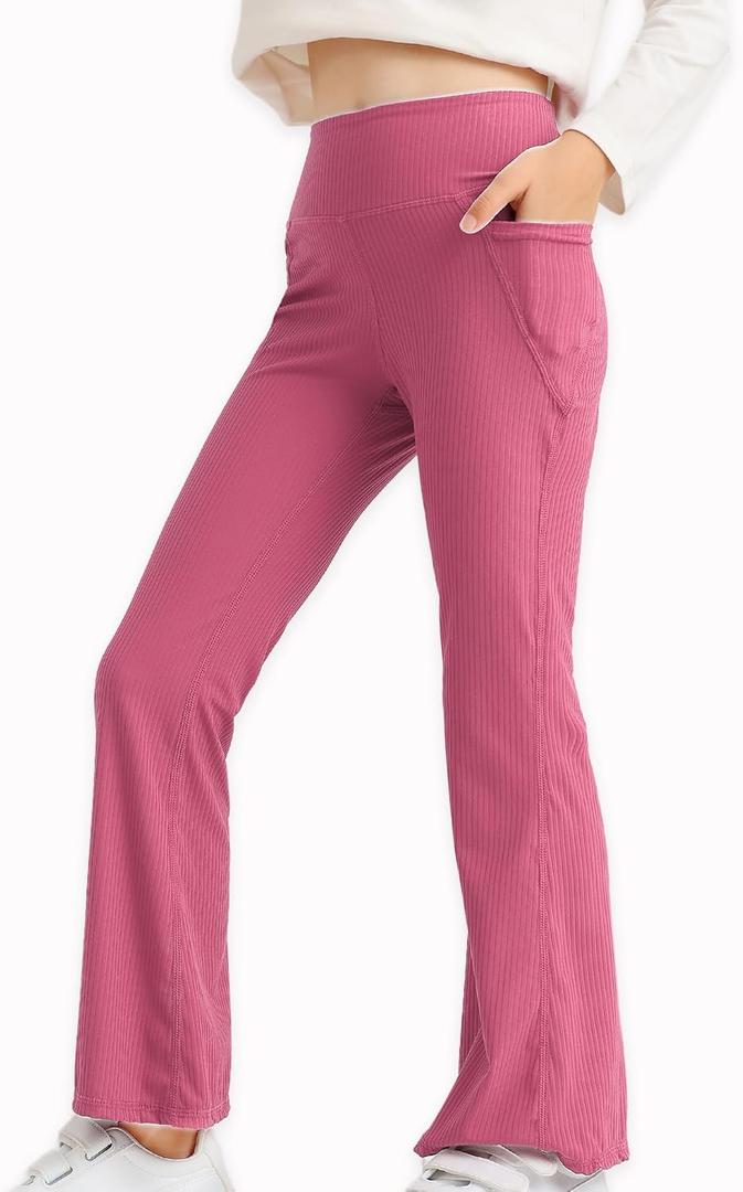 Girls' Flare Leggings with Pockets Trendy Girls' Ribbed Knit Bell Bottoms High Waisted Yoga Pants Rosered for 6-7Years