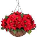 Artificial Christmas Poinsettia Flowers with Hanging Basket for Outdoor Decoration Red Velvet Poinsettia Bouquet Potted Fake Plants Faux Silk Christmas Flowers for Home Porch Garden Patio Xmas Decor