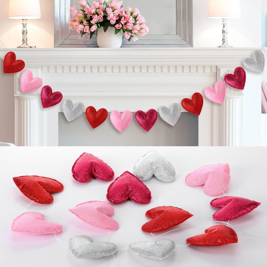 Frienda Large Valentine Glitter Heart Felt Banner 3D Heart Garland Valentines Decorative Romantic Hanging Garland for Wedding Anniversary Birthday Party Sweetheart Home Decor
