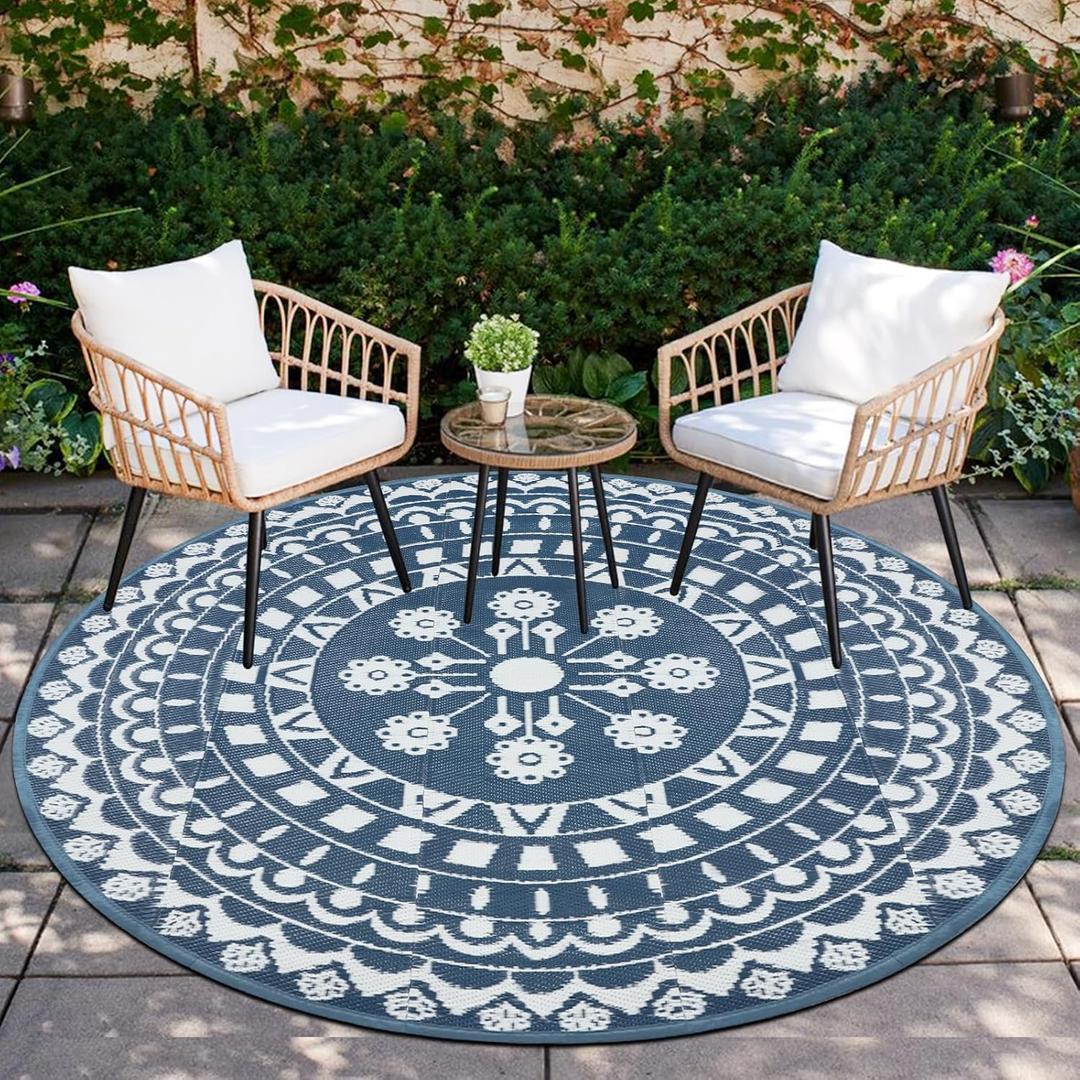 Capslpad 6Ft Round Outdoor Rug for Patios Clearance Reversible Mat Plastic Straw Patio Rugs Lightweight RV Camping Mat Circle Outside Area Rug Carpet for Balcony Deck Trailer Picnic,Blue