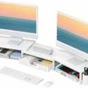 OPNICE Desk Organizers and Accessories, Dual Monitor Stand Riser with Drawer and 2 Pen Holders, Desk Shelf Metal Computer Racks for Office Workspace Organizers, Desktop Organization (White Metal)
