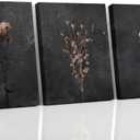 FTQYQLD 3Pcs Dried Flowers Canvas Wall Art, Dark Moody Botanical Prints, Floral Still Life Stretched Canvas for Living Room, Bedroom, Office Decor, 16x24in