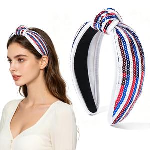 4th of July Sequin Knotted Headband for Women, Red White Blue Striped Patriotic Hairband, Wide Top Knot Headband for Independence Day Parade, Memorial Day Party, USA Themed Events