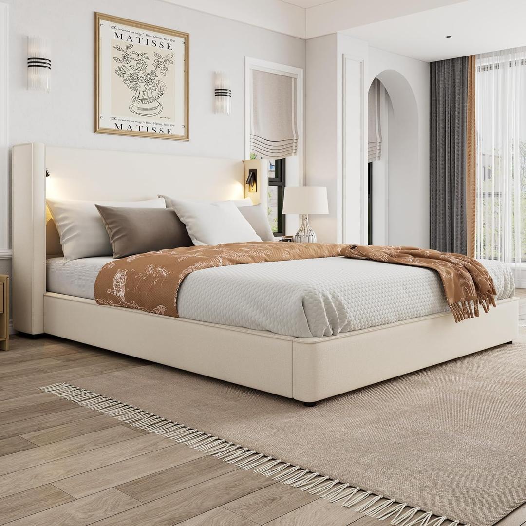 Merax California King Size Natural Polyester Linen Fabric Upholstered Bed Frame with High Wingback Headboard, Reading Lamp and USB Port, Beige