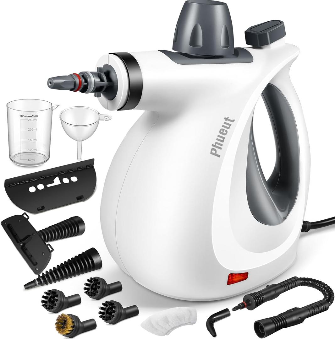 Pressurized Handheld Multi-Surface Natural Steam Cleaner with 12 pcs Accessories, Multi-Purpose Steamer for Home Use, Steamer for Cleaning Floor, Upholstery, Grout and Car (Grey) (Grey)
