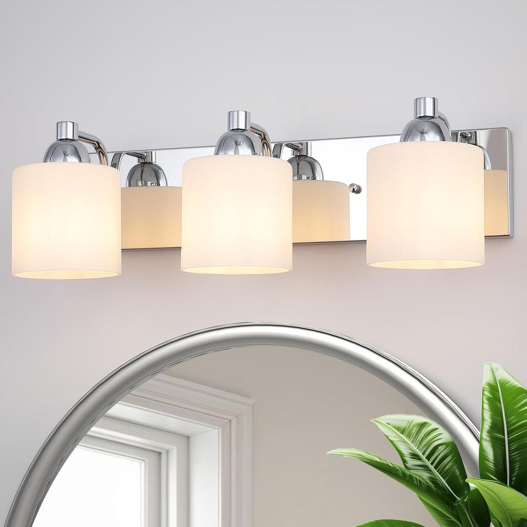 Mecgirn Stainless Steel Milk Glass Vanity Lights for Bathroom, 3 Light Polished Chrome Bathroom Light Fixtures Over Mirror, Ceramic E26 Sockets Wall Mounted