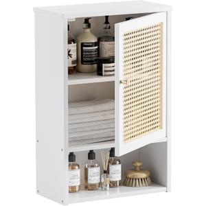 HITNET Bathroom Cabinet Wall Mounted, Rattan Medicine Cabinet, Bamboo Hanging Storage Organizer Over The Toilet with Adjustable Shelf for Living Room, Kitchen, Hallway (White)