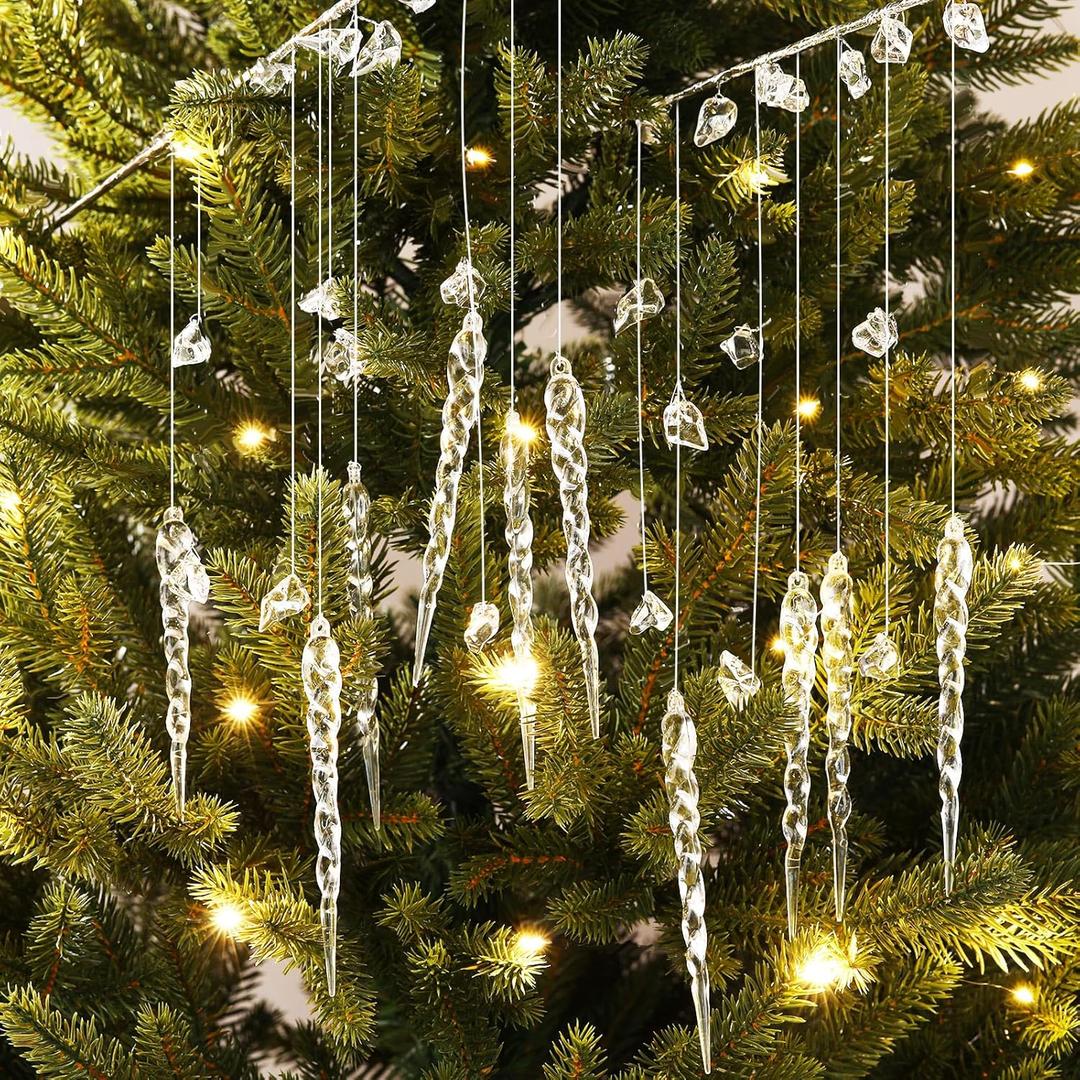 Seeloowy 6 Pack Large Crystal Icicles Ornaments Picks for Christmas Tree, 23 Inch Acrylic Christmas Tree Hanging Decor Clear Beaded Artificial Icicle Drop Picks for Winter Holiday Party Decor