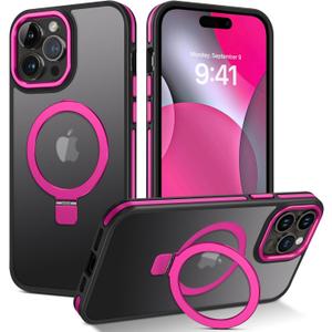 DUEDUE for iPhone 14 Pro Max Case Magnetic with Stand[Compatible with Magsafe], Translucent Matte Back Cover Shockproof Kickstand Phone Case for iPhone 14 Pro Max 6.7", Hot Pink/Black