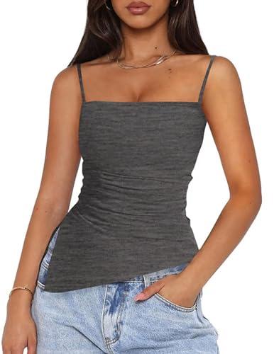PRETTYGARDEN Women's Summer Spaghetti Strap Tank Tops Sleeveless Camisole Blouses Asymmetrical Going Out Basic Tank Shirt (Grey,Large)