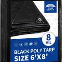 RAINDEWAY Black Tarp 6x8 Feet, UV Resistant, 8 Mil Multipurpose Medium Duty Waterproof Poly Tarp Cover with Metal Grommets and Reinforced Edges