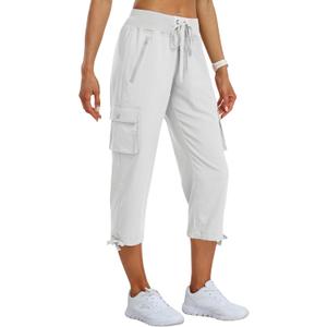 MoFiz Women's Cargo Capris Pants Loose Fit Casual Hiking Pants Lightweight Quick Dry Travel Summer Pants for Women (White, XL)