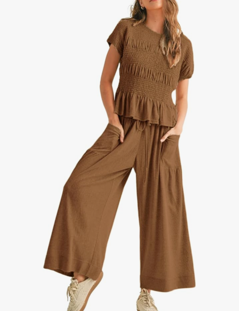 Womens 2 Piece Smocked Top Wide-Leg Pants Set High-Waisted Lounge Outfit with Pockets Casual Boho Matching Set, 2 XL  Womens 2 Piece Smocked Top Wide-Leg Pants Set High-Waisted Lounge Outfit with Pockets Casual Boho Matching Set, 2 XL