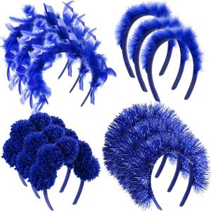12 Pcs St. Patrick's Day Pom Pom Headbands Fuzzy Fluffy Yarn Feather Tinsel Spirit Party Headwear for Birthday (Blue)