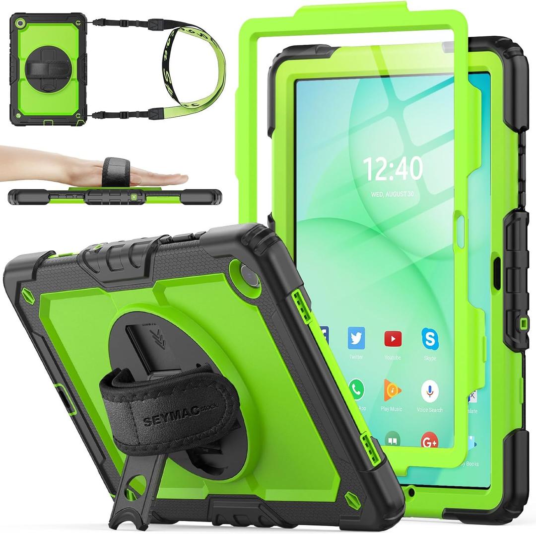 SEYMAC stock Case for Samsung Galaxy Tab A11+ Plus/A9+ Plus 11'', Full-Body Drop Protection Case with Screen Protector Pencil Holder [360 Rotating Hand Strap] &Stand, Green+Black
