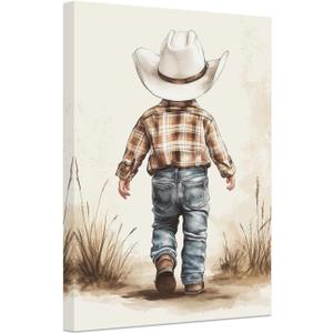 SWQYLB Baby Cowboy Wall Art Cowboy Hat Pictures Cactus Canvas Prints Western Cowboy Theme Nursery Wall Decor Framed (Beige, (24.00" x 36.00"))