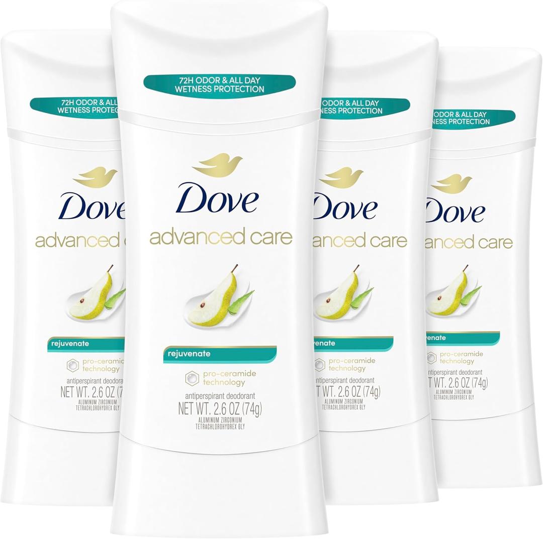 Dove Advanced Care Antiperspirant Deodorant Stick Rejuvenate 4 Count to help skin barrier repair after shaving by boosting skin's ceramide levels 72-hour odor control for soft underarms 2.6 oz