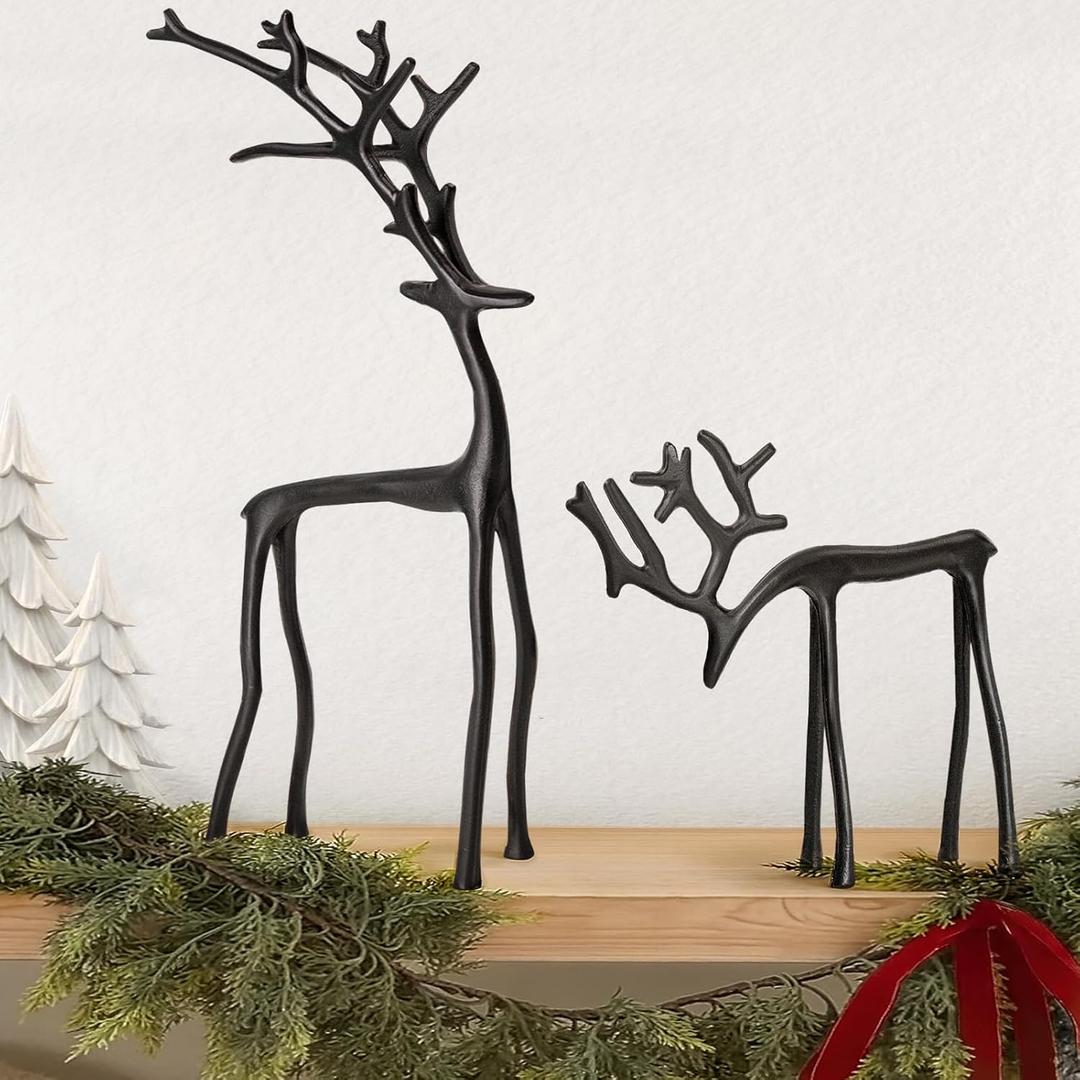 Christmas Decorations  Set of 2 Black Reindeer Statues  Modern Aluminum Alloy Xmas Figurines  Elegant Indoor Holiday Decor  Table Centerpieces  Ideal for Mantel Living Room Bedroom Office