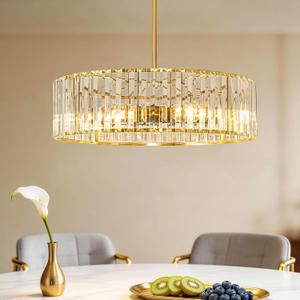 Gold Crystal Chandelier for Dining Room, 6-Light Modern Semi Flush Mount Ceiling Lighting Fixtures, Round Kitchen Fixtures Ceiling, Hanging Drum Pendant Lights for Living Room Bedroom Foyer, 19IN, E26