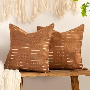 Set of 2 African Mudcloth Throw Pillow Covers,20x20 Inch Coarse Woven Boho Ethnic Print Modern Accent Pillow for Bed,Square Neutral Vintage Pillow Case Sham for Couch Bedroom Decorative(Rust)