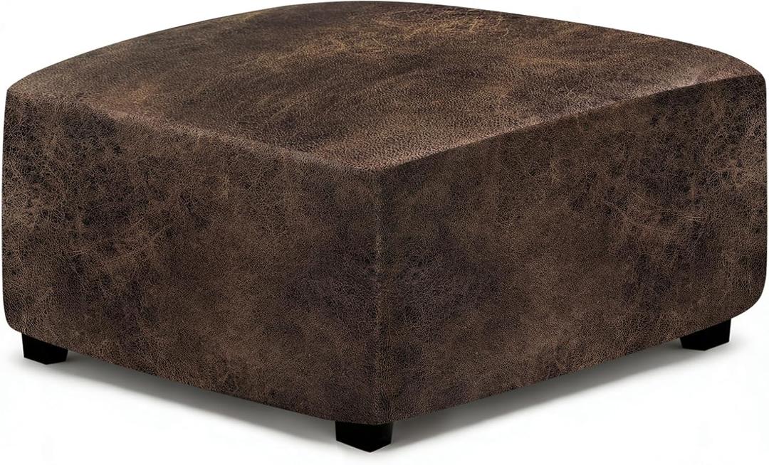 ANARACHON Leather Like Ottoman Cover, Stretch Small Square Ottoman Covers, Rectangular Ottoman Slipcovers with Removable Washable Non-Slip Elastic Bottom for Footstools (02 Brown, XX-Large)