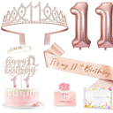 11th Birthday Decorations for Girls, 11th Birthday Sash and Crown, Cake Topper, Number Candles and Balloons, 11 Year Old Gifts for Girls