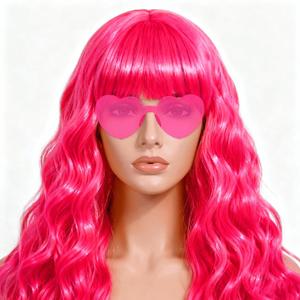 Long Curly Wave Wig with Heart Sunglasses and Hair Cap  Set of 3 | Colorful Colored Party Wigs Funny Costume Hairpieces for Halloween Cosplay (Pink)