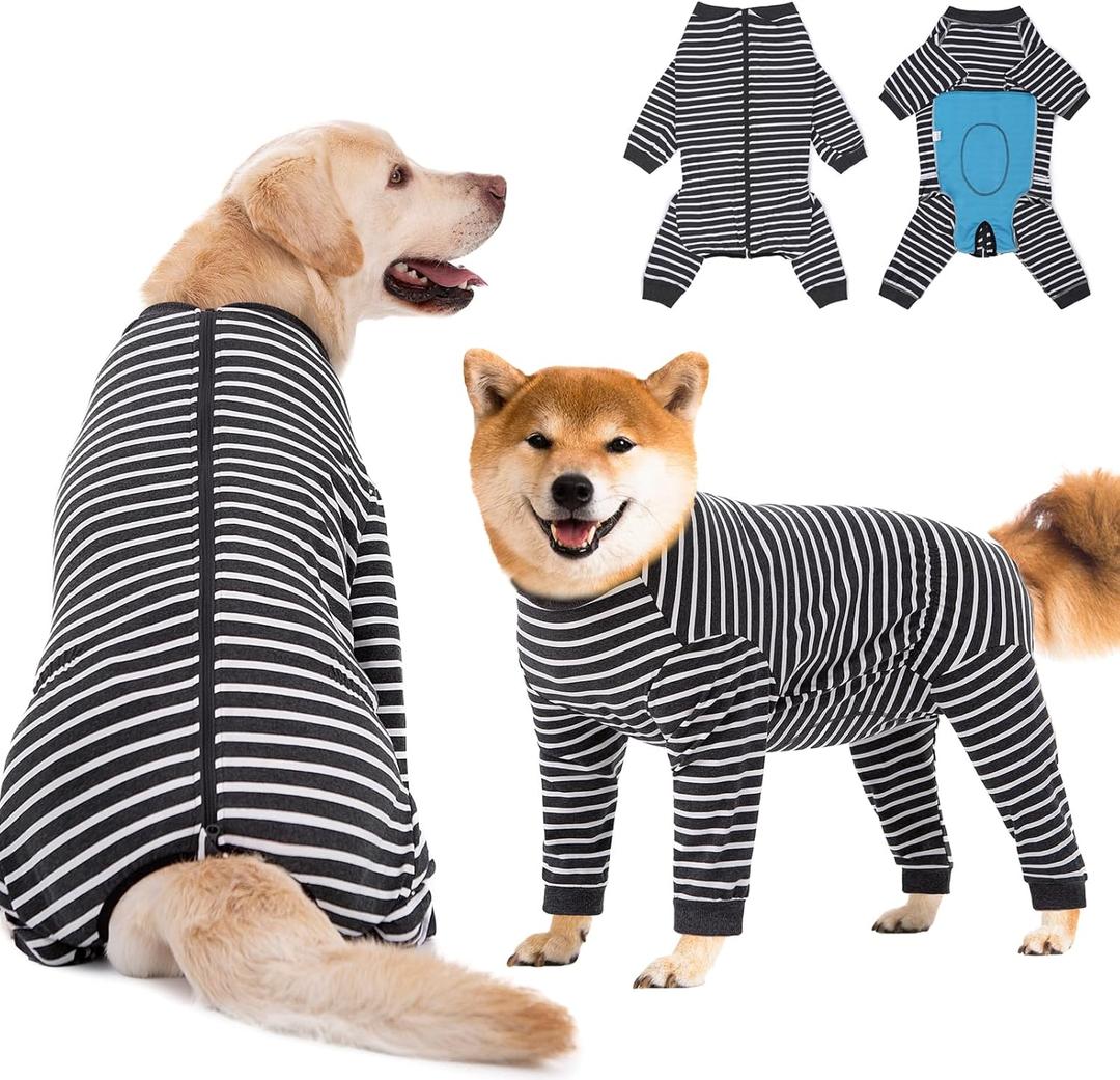 Dog Recovery Suit Full-Zipper After Post-Surgery, Dog Bodysuit for Prevent Licking& Chewing Wounds Onesies Cone Alternative (Grey Stripe, 2X-Large)