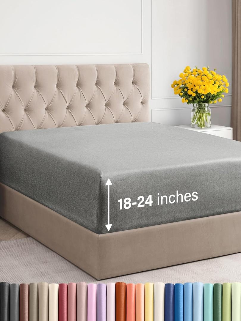 Extra Deep Cal King Fitted Sheet - Hotel Luxury Single Fitted Sheet Only - Easily Fits 18 to 24 inch Mattress - Soft, Wrinkle & Fade Free with Extra Deep Pockets - Breathable & Comfy - Heathered Grey
