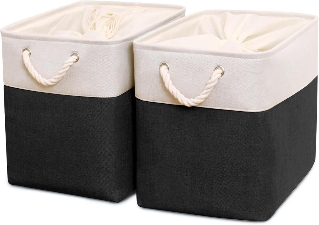 HOdo Home 2PCS Fabric Storage Bin with Drawstring Closure and 2 Bold Handles, Collapsible Large Canvas Storage Baskets for Organizing Shelf Nursery Home Closet (Black&White, 17L12W15H)