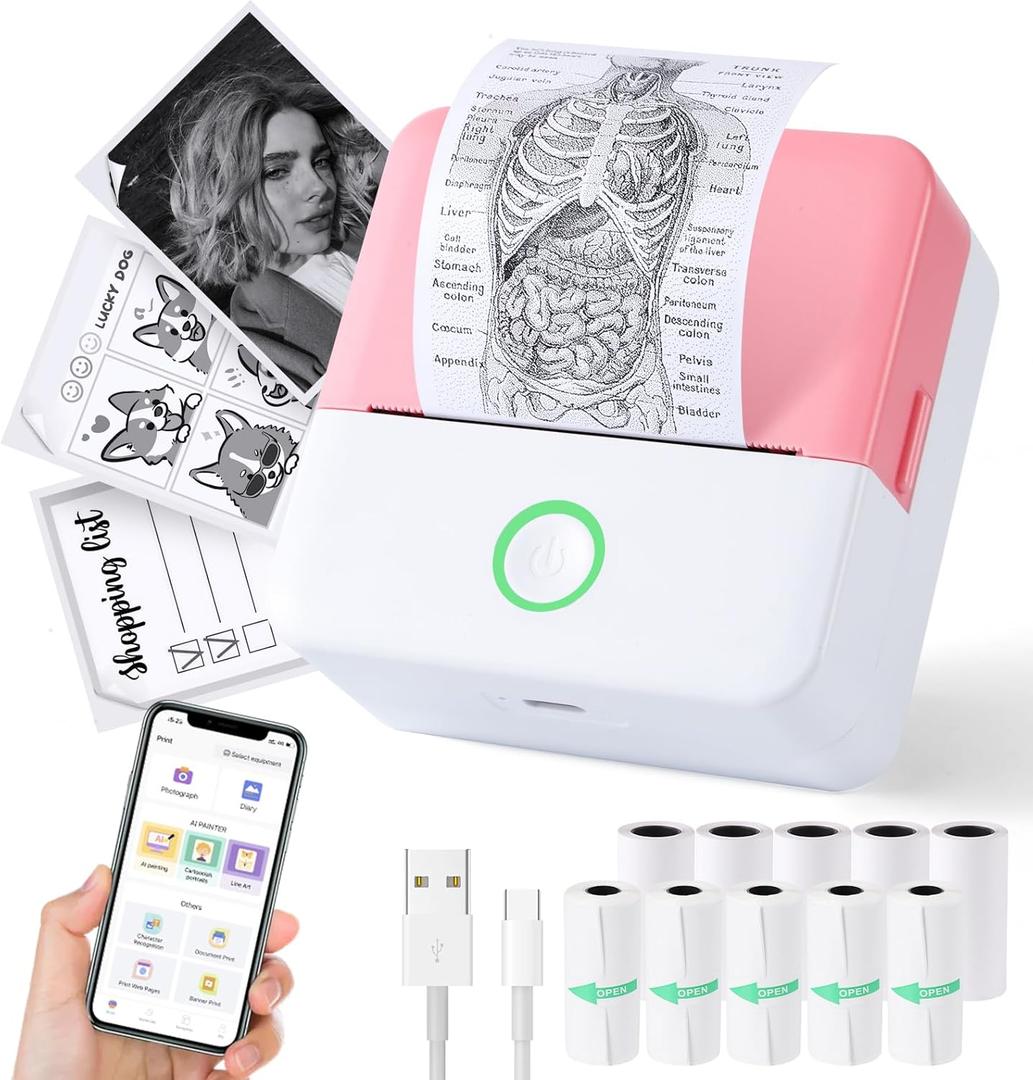 cudinham Print Pods Mini Printer, Sticker Printer with 10 Rolls Thermal Printing Paper, Inkless Pocket Printpod for Phone, Impresora Porttil for Notes, DIY, Compatible with iOS & Android (Pink)