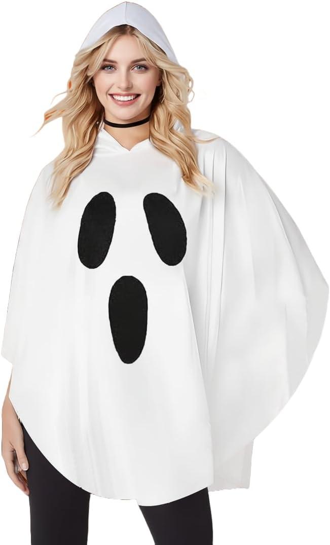 Women White Ghost Costume Hooded Cape, Adult Halloween Poncho Cloak, Simple Fun Spooky Party Outfit, Soft Comfortable Fabric, One Size