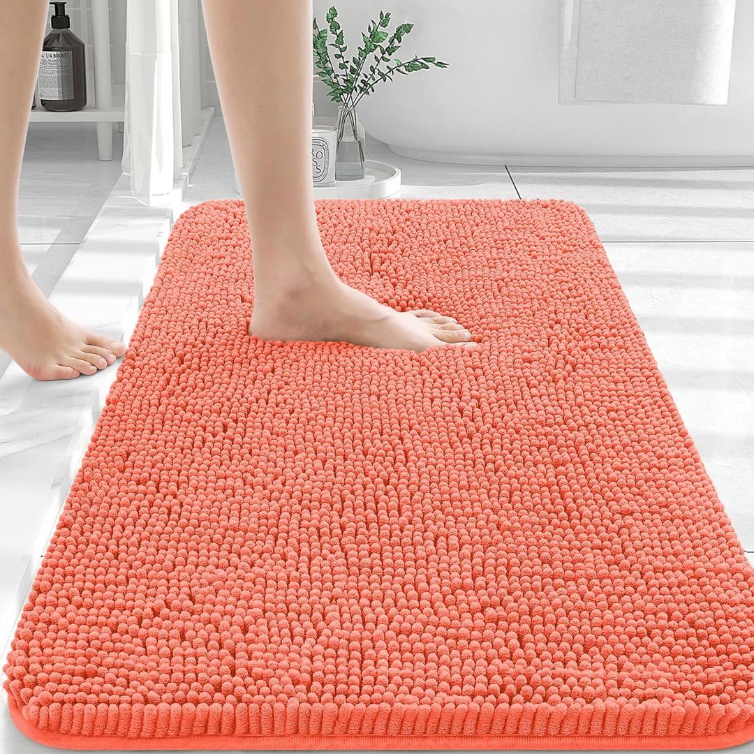 OLANLY Bathroom Rugs 30x20, Extra Soft Absorbent Chenille Bath Rugs, Rubber Backing Quick Dry, Machine Washable Bath Mats for Bathroom Floor, Tub and Shower, Home Decor Accessories, Coral