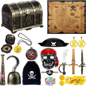 116 Pieces Pirate Treasure Toys, Pirate Treasure Box with Coins Jewels Gems and Pirate Map Compass Telescope for Boy Girl Halloween Cosplay Props Pirate Theme Party Decoration Favor (Cute Style)