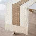 OurWarm Splicing Burlap Table Runner Farmhouse Style, Boho Table Runner Modern Farmhouse Decor Rustic Woven Cotton Crochet Lace for Bohemian, Rustic, Wedding, Bridal Shower, Dinner, 108 inch (Creamy-white)