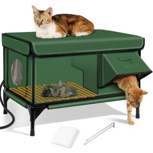 Heated Cat House for Outside,Dual Camera Mounts,100% Weatherproof & Extremely Insulated,Elevated Feral Cat Shelter with Escape Door,Waterproof Eaves for Outdoor Stray Barn Cat(Army Green,L) (25.6"L x 16.5"W x 18.5"H)