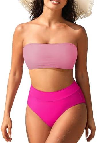 Pink Queen Women's High Waist Bikini Set Removable Strap Bandeau Two Piece Swimsuit Bathing Suit Medium