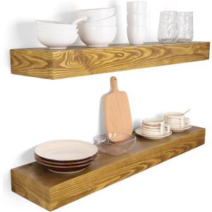 Floating Shelves 3 inch Thick for Wall Set of 2,Solid Pine Wood Wall Mount Shelf for Kitchen Living Room Bedroom Bathroom,8" D x 36" L x 3" H-Gold Oak