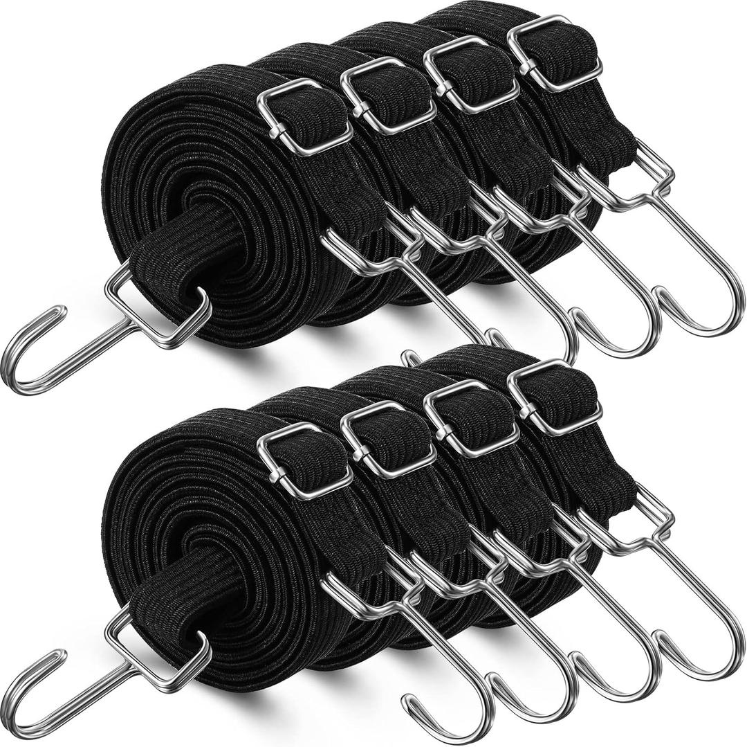 Saintrygo 8 Pcs 80 Inch Adjustable Flat Bungee Cords with Hook Heavy Duty Elasticity Long Bungee Straps 1 Inch Width Latex Straps Anti Rust Metal Buckle Luggage Rope (Black)