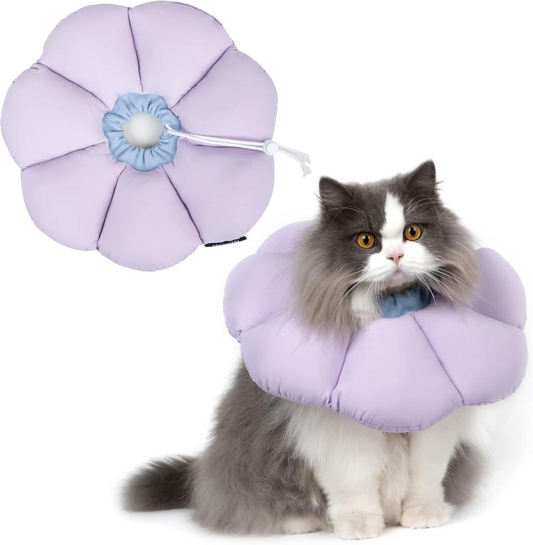 Cat Cone Collar,Cute Waterproof Cat Recovery Collar,Anti-Bite Lick Wound Healing Safety Elizabethan e Collar for Cats,Purple Flower All-Season Style (Medium, Purple)