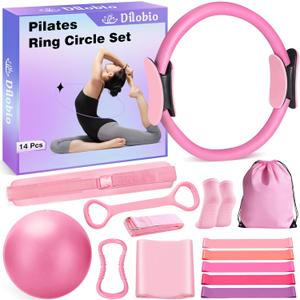 Dilobio Pilates Kit, Home Pilates Workout Kit for Women, Pilates Equipment Ring and Ball Set, 13" Magic Circle with 5 Resistance Bands, Hip Thrust Belt & Accessories, Toning Fitness Starter Set (Pink)