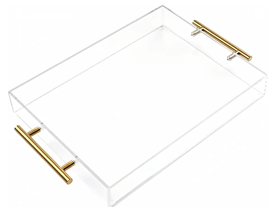 12"x12" Clear Acrylic Serving Tray with Golden Handles, Sturdy Huge Capacity Acrylic Trays for Coffee, Juice, Kitchen and Desk Organizer, Storage Tray (12"x12")