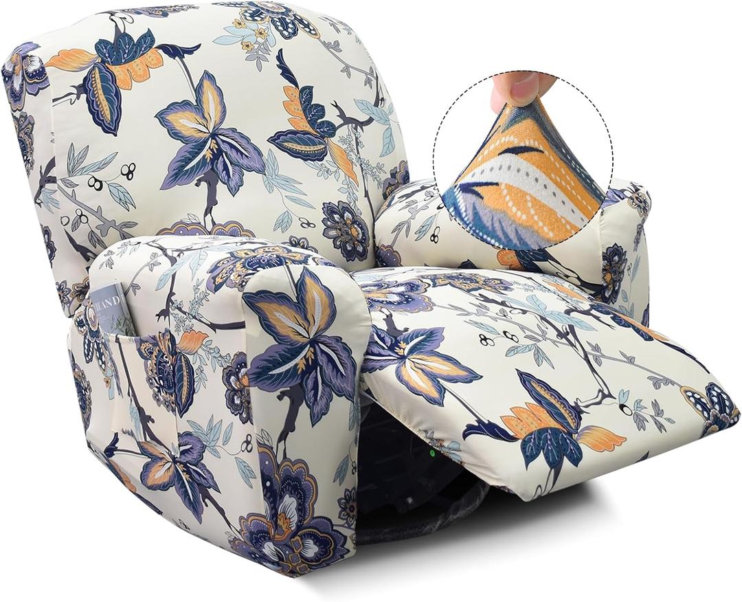 Recliner Slipcover-Stretch Soft Slip Reclining Chair Slipcovers 4-Pieces Furniture Protector for Recliner with Pocket Fitted Sofa Couch Cover Lazy Boy Chair Cover (Beige/Flower)