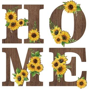 Geetery 4 Pcs Sunflower Kitchen Wall Decor Accessories Wood Rustic Sunflower Home Letters Decor Hanging Wall Art Signs Decorations for Home Living Room Kitchen Bedroom (Brown)
