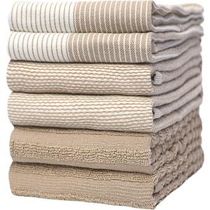 Premium Kitchen Towels (20x 28, 6 Pack) | Large Cotton Dish Towels | Flat & Terry Highly Absorbent Kitchen Linen Set with Hanging Loop | Tan